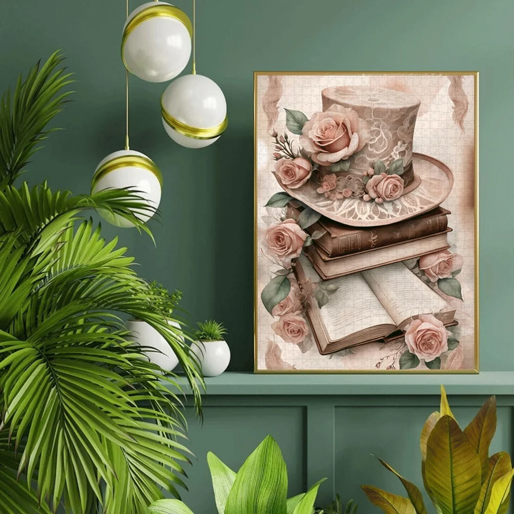 Puzzle 1000 elementów: Kapelusz z wiktoriańską koronką i róża - wzór w stylu vintage z miękkimi pastelowymi kolorami (beżowy, różowy, brązowy)