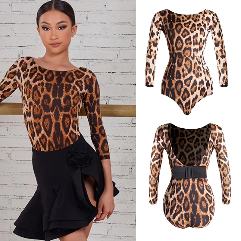 2024 ZYM Latin Dance Tops For Girls Sexy Backless Leopard Bodysuit Children Practice Clothes Chacha Latin Dance Dress DQS15482