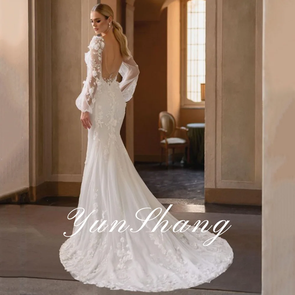 Boho schiere tiefe V-Ausschnitt Brautkleid lange Laterne Ärmel Spitze Applikationen Strand Meerjungfrau Brautkleid rücken frei Zug Robe de Mariée