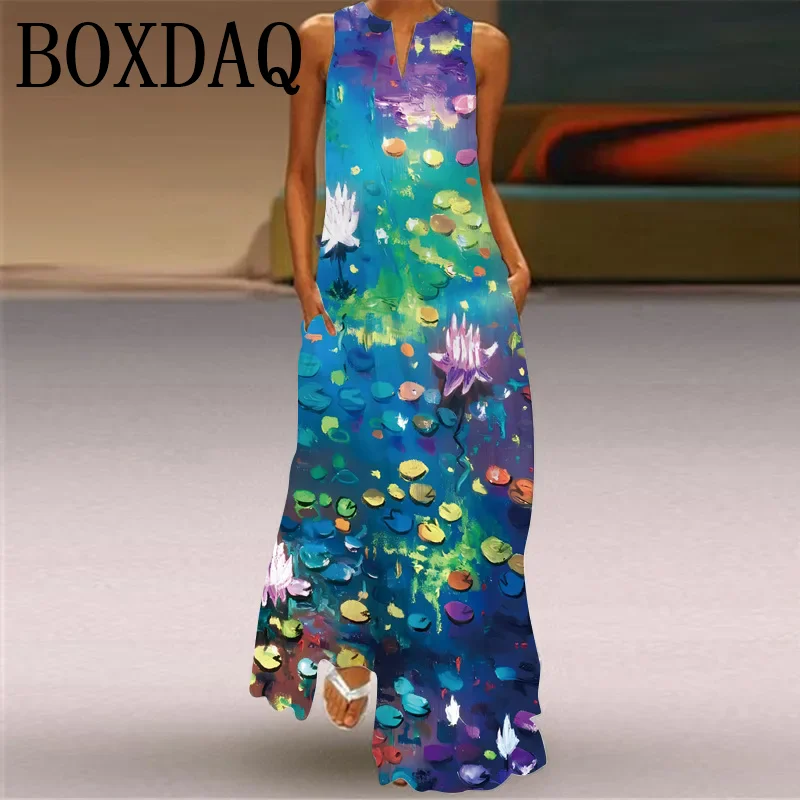 Vintage Print Maxi Dress For Women Summer Loose Sleeveless Long Dresses Elegant Lady V Neck Pocket Boho Beach Sundress Vestidos