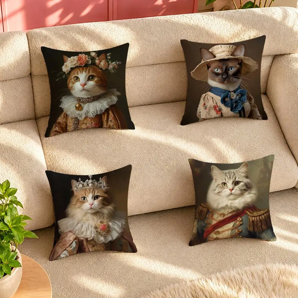 Renaissance Royal Cat Funny Cushion Cover Pillow Cover Decorative Throw Couch Home Decor for Living Room Sofa