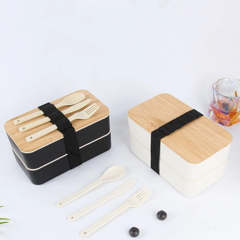 1200ML Divided Lunch Box Picnic Wooden Cover Microwave Rectangle Bento Box Portable Double Layer Food Container for Kids