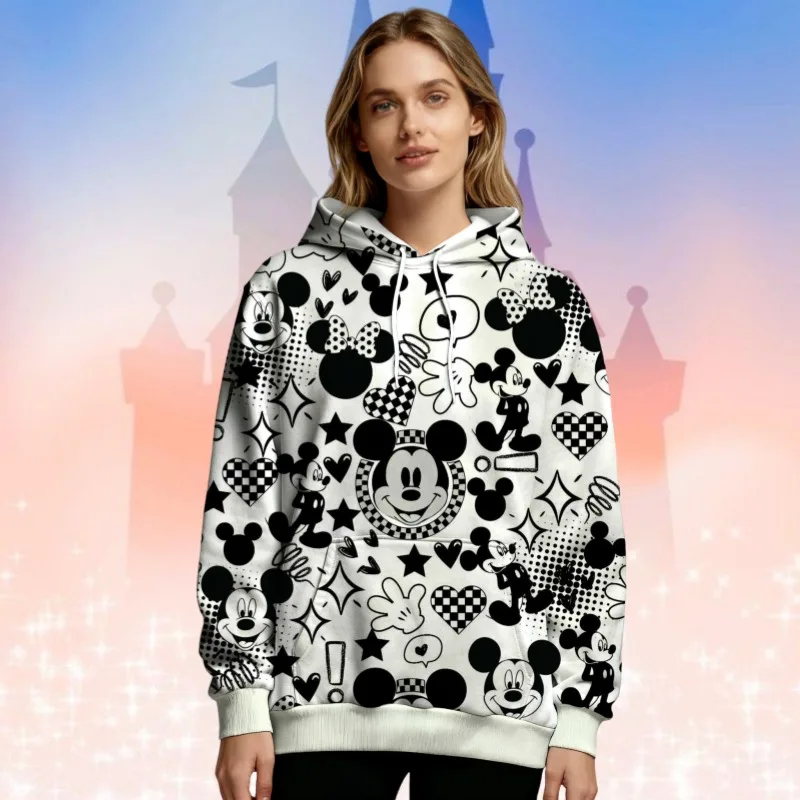 เสื้อฮู้ดดี้ลายมิกกี้เมาส์ของดิสนีย์สำหรับผู้หญิง พิมพ์ลายเต็มตัว สีดำและสีขาว ลายป๊อปอาร์ต เสื้อฮู้ดดี้แขนยาวสำหรับฤดูใบไม้ร่วง/ฤดูหนาว แฟชั่นลำลอง