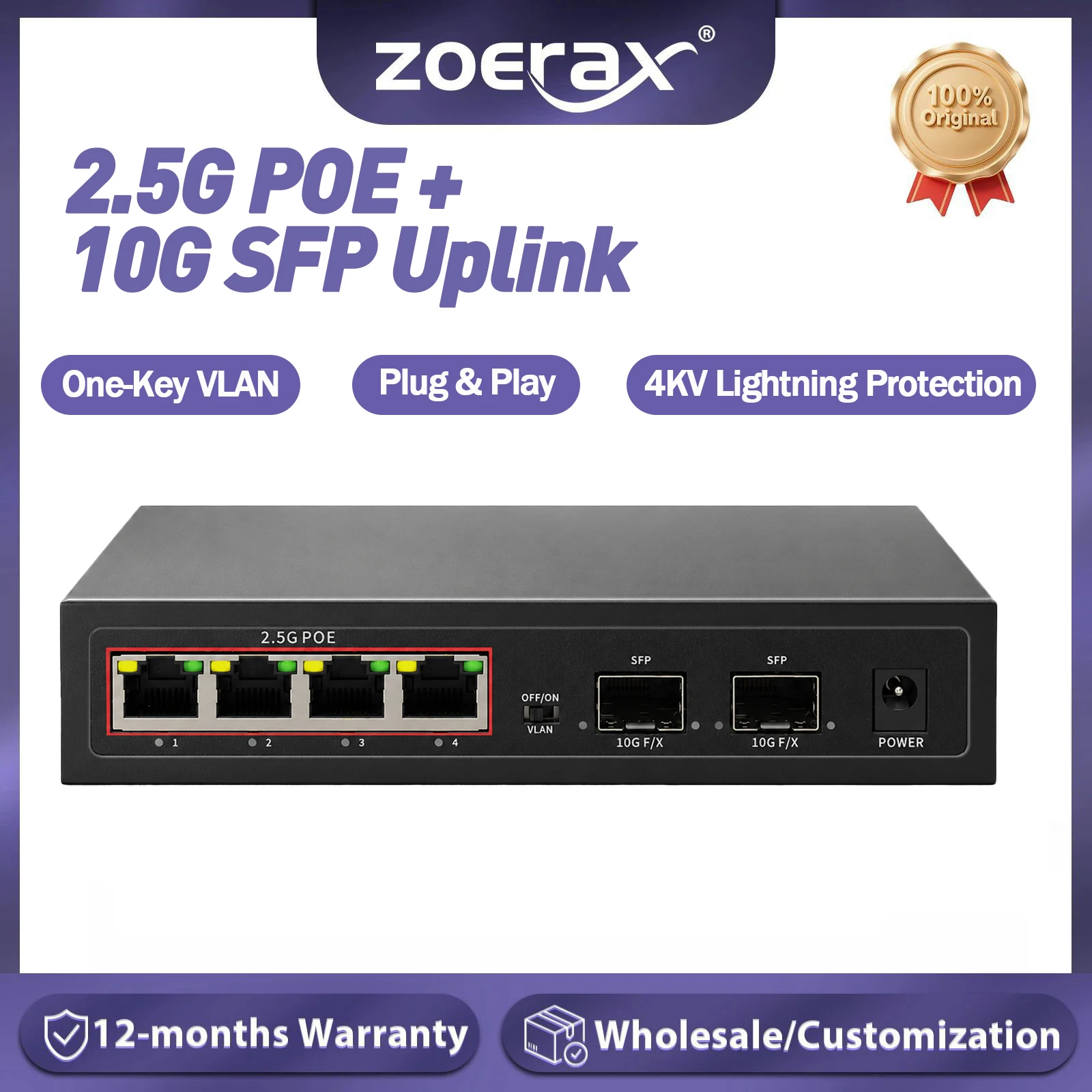 ZoeRax 6-Port POE Ethernet Switch with 4 Port 2.5G and 2 Port 10G SFP Unmanaged One Key VLAN 4KV Lightning Protection