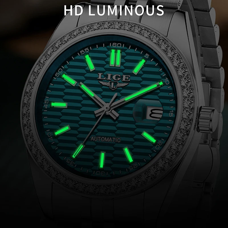 ساعة رجالي LIGE فاخرة موضة مقاومة للماء مضيئة بحزام من الفولاذ المقاوم للصدأ ساعة ميكانيكية للرجال ساعة يد relogios masculino + BOX
