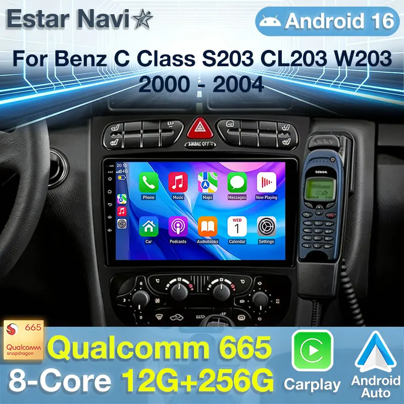 For Mercedes Benz C Class S203 CL203 W203 2000 - 2004 2K 12+256 QLED Android 16 CarPlay Car Radio Multimedia Video Player GPS 4G