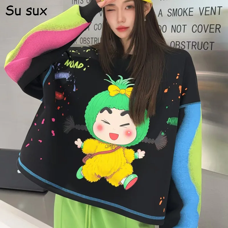 

Женские свитшоты оверсайз с мультяшным принтом тай-дай, весна-осень 2026, в японском и корейском стиле, повседневные топы, обхват груди 130 см
