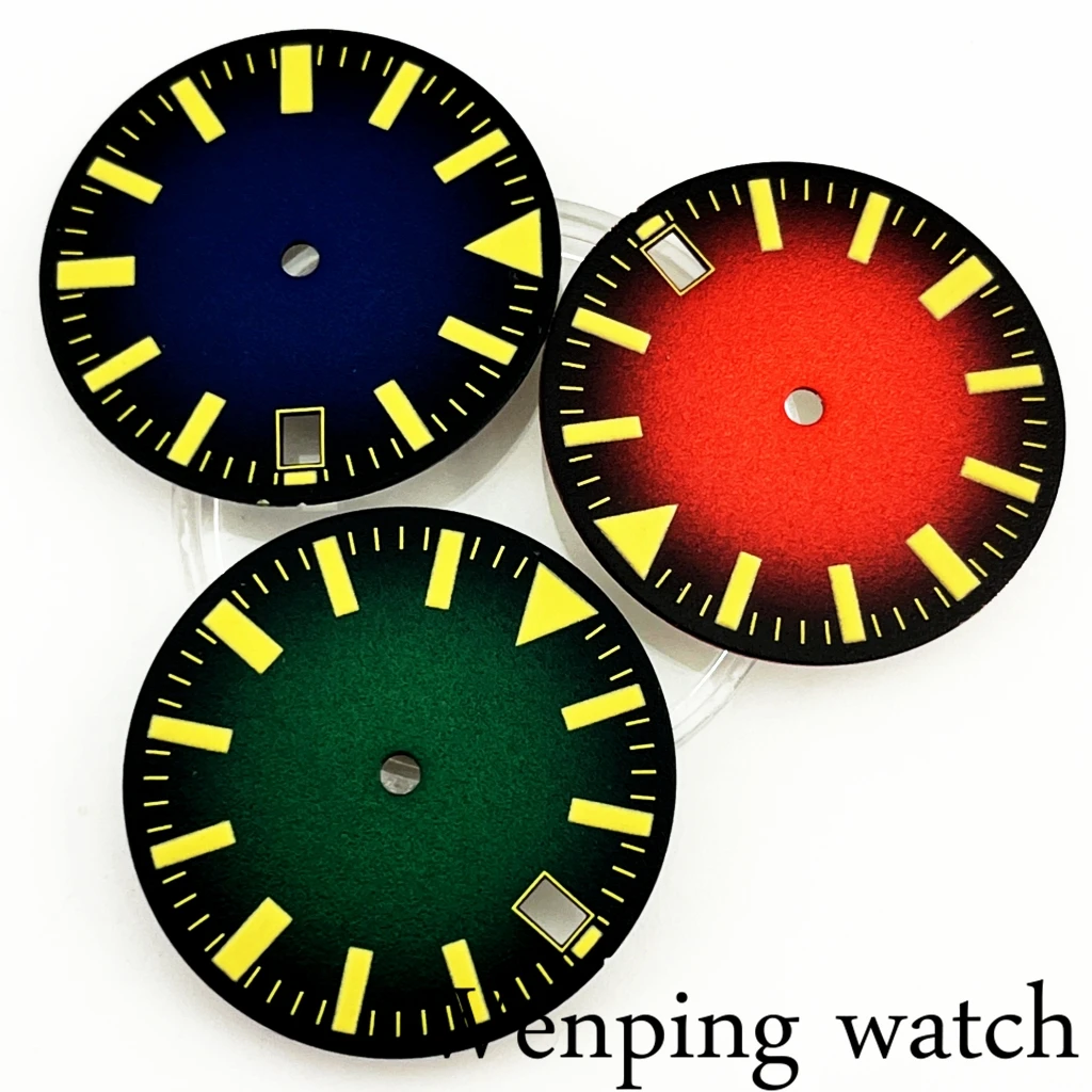 New 28.5mm Sterile Blue/Red/Green/Purple Watch Dial  Luminous Fit NH35 NH36 Automatic Movement Watch Assembly Parts