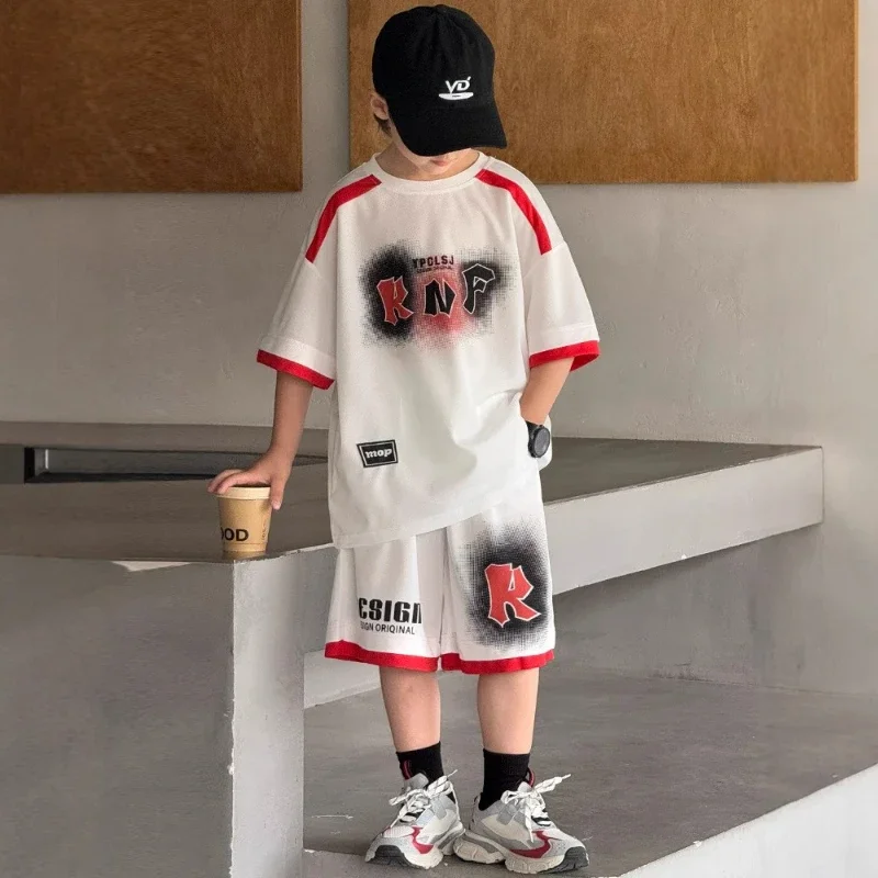 

2025 New Children's Summer Solid Color Graffiti Letter Pattern Half Sleeve Top and Shorts Two Piece Set