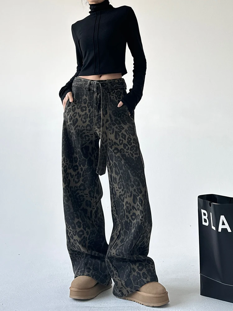 

Корейские джинсы Dongdaemun с высокой талией и поясом, широкие брюки, новые зимние джинсовые джинсы с завышенной талией и леопардовым принтом