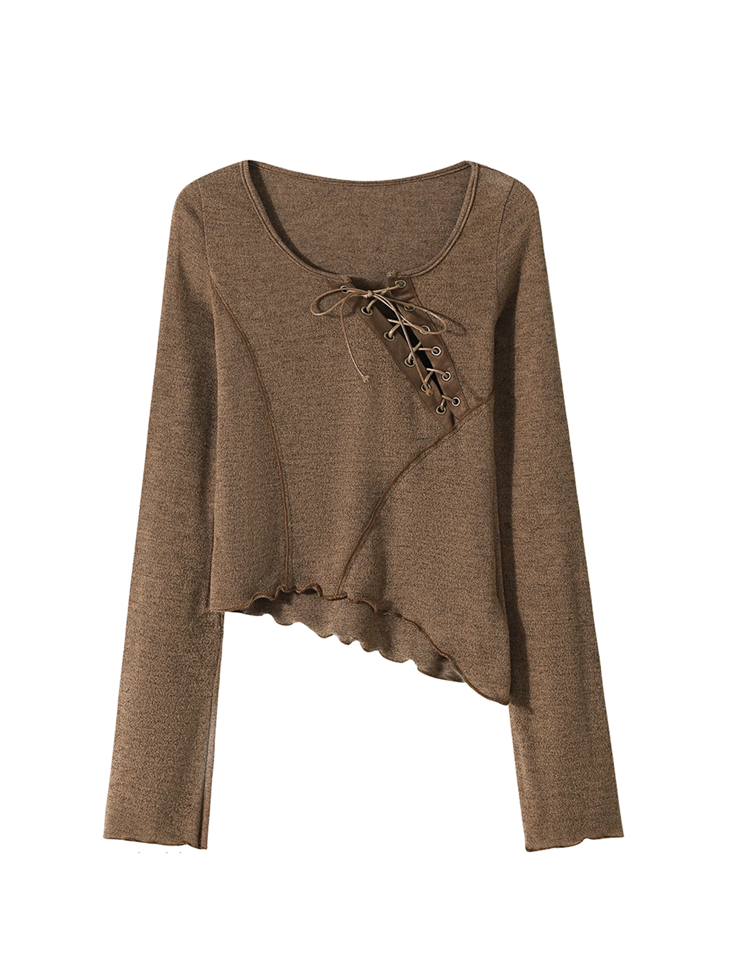 

Women Brown Y2k Gyaru T-shirt Vintage Aesthetic Harajuku Cropped Tee Top Long Sleeve Lace-up T-shirts 2000s Clothes Autumn 2025