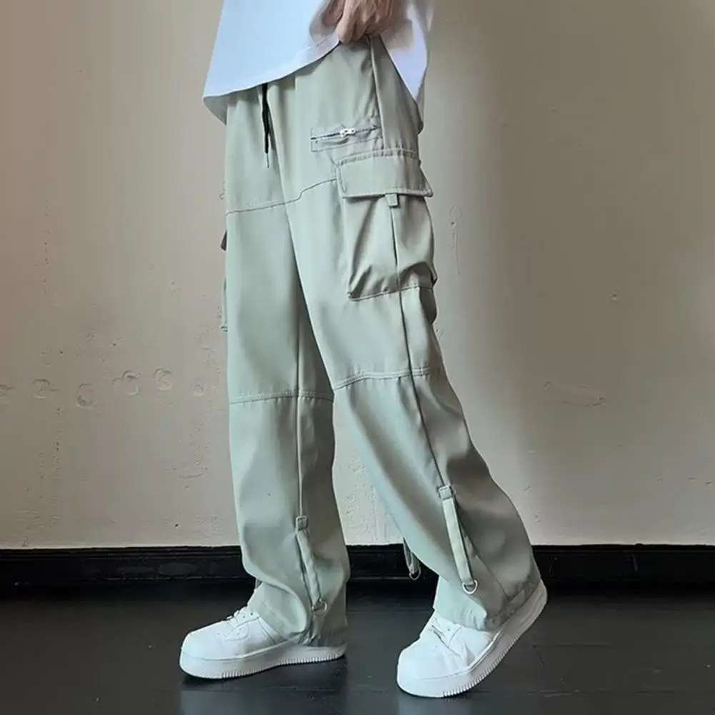 

Solid Color Pants Men Solid Color Casual Pants Men's Wide Leg Cargo Pants with Drawstring Elastic Waist Multi Pockets for Plus
