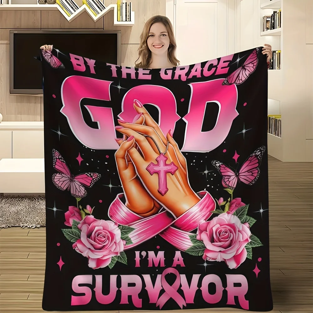 By The Grace God I'M A Survivor Breast Cancer Theme Print Flannel Blanket