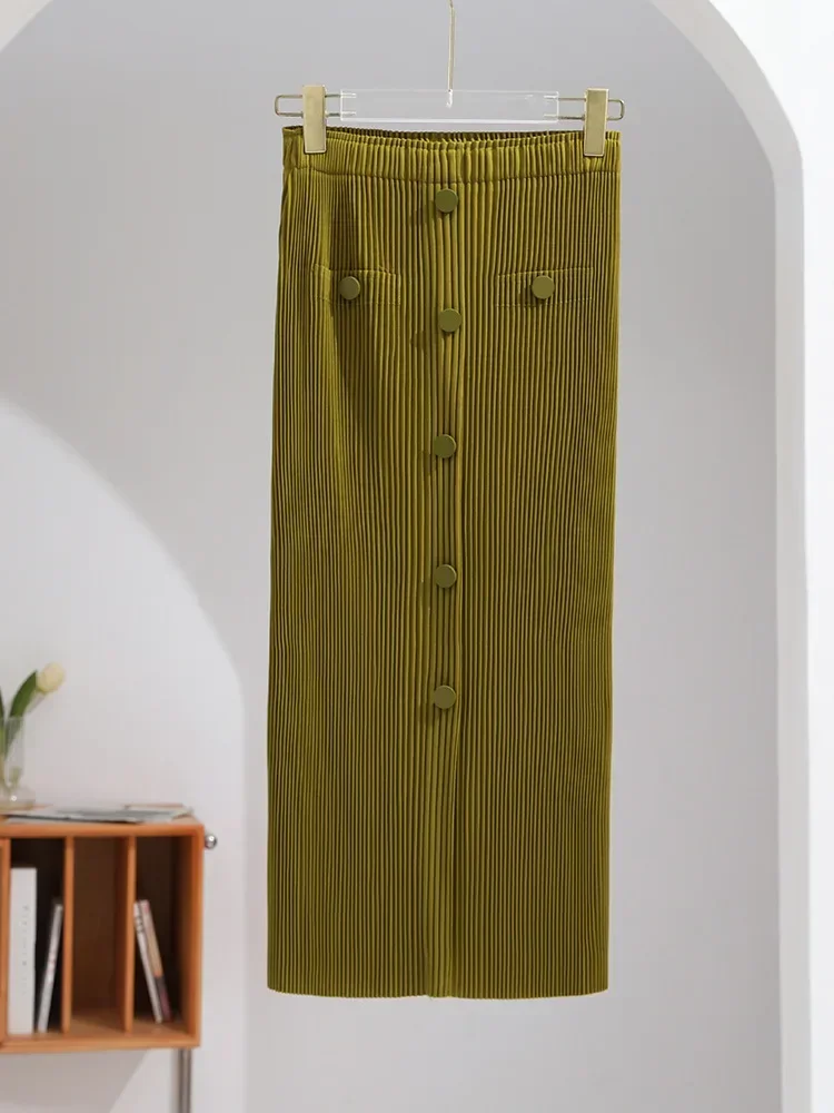 Miyake Skirt Women's Autumn New 2023 Fashionable Single-breasted Slit Elastic Waist Bag Hip Skirt Pleated Thick Material