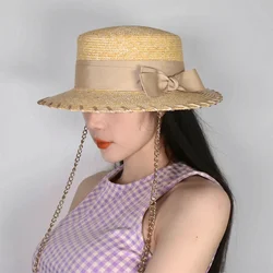 Fashion Luxury Designer Brand Spring and Summer Flat Top Straw Straw Hat Bow Decoration Metal Hanging Chain Beach Hat Adjustable