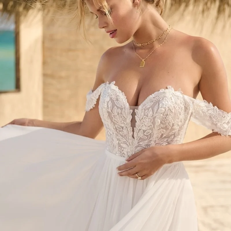 

Shiny Simple ivory white V-neck Spaghetti feature Wedding Dresses slit of A-line decal Bridal Gowns Made Customized