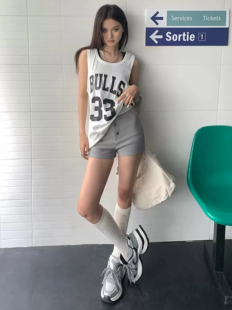 Grey Spicy Girl Tight Elastic Casual Shorts Women's Summer Design Sense Patchwork Three Button Versatile Hot Pants