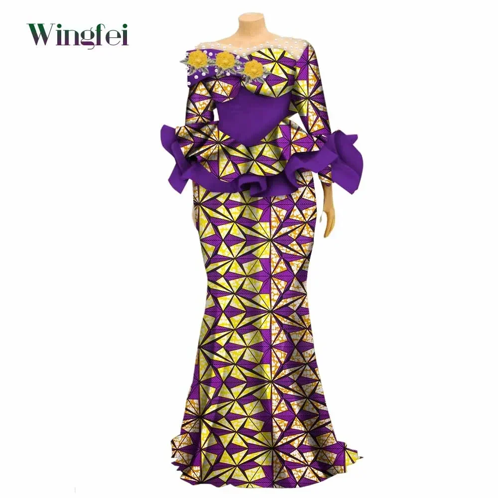 Fashion African Women Party Clothes 2 Pcs Set Ankara Print Top and Maxi Long Robe Skirt Flare Sleeve Dashiki Women Outfit Wy9896