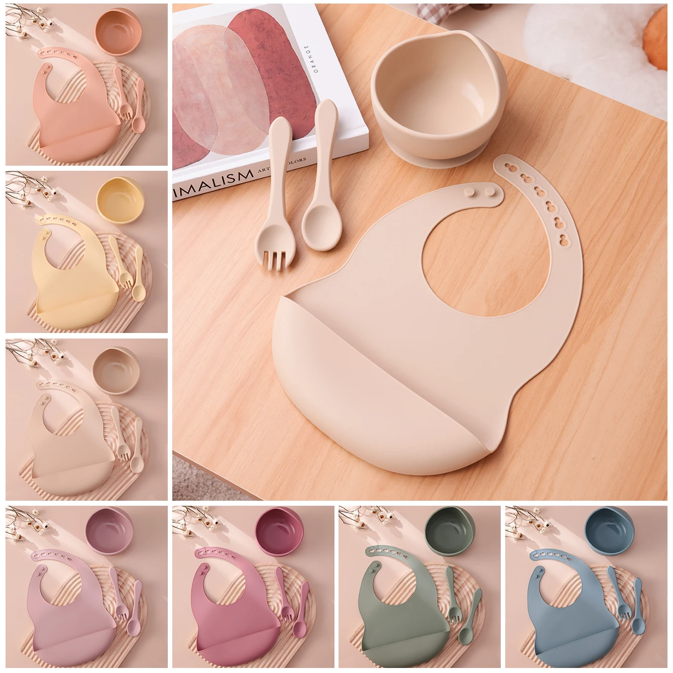Color Kids 4PCS Silicone Baby Feeding Set With Spoon Bib Suction Bowl BPA Free Toddler Training Spoon Fork Tableware Baby Stuff