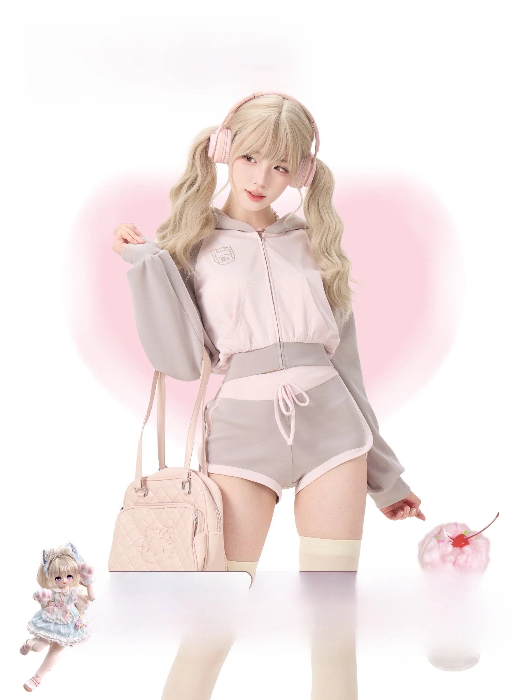 Sporty Girl Coconut Autumn Set Grey Pink Spicy Girl Jacket Color Block Shorts Adorable Sweet Heart Style Standard Fit Coat