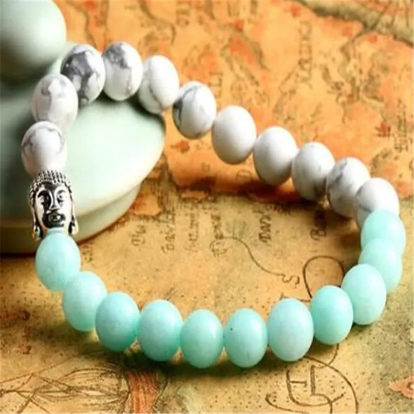 

8mm Howlite Aquamarine Mala Bracelet Gemstone 7.5 inches Wear Ethnic Link Beaded Prayer