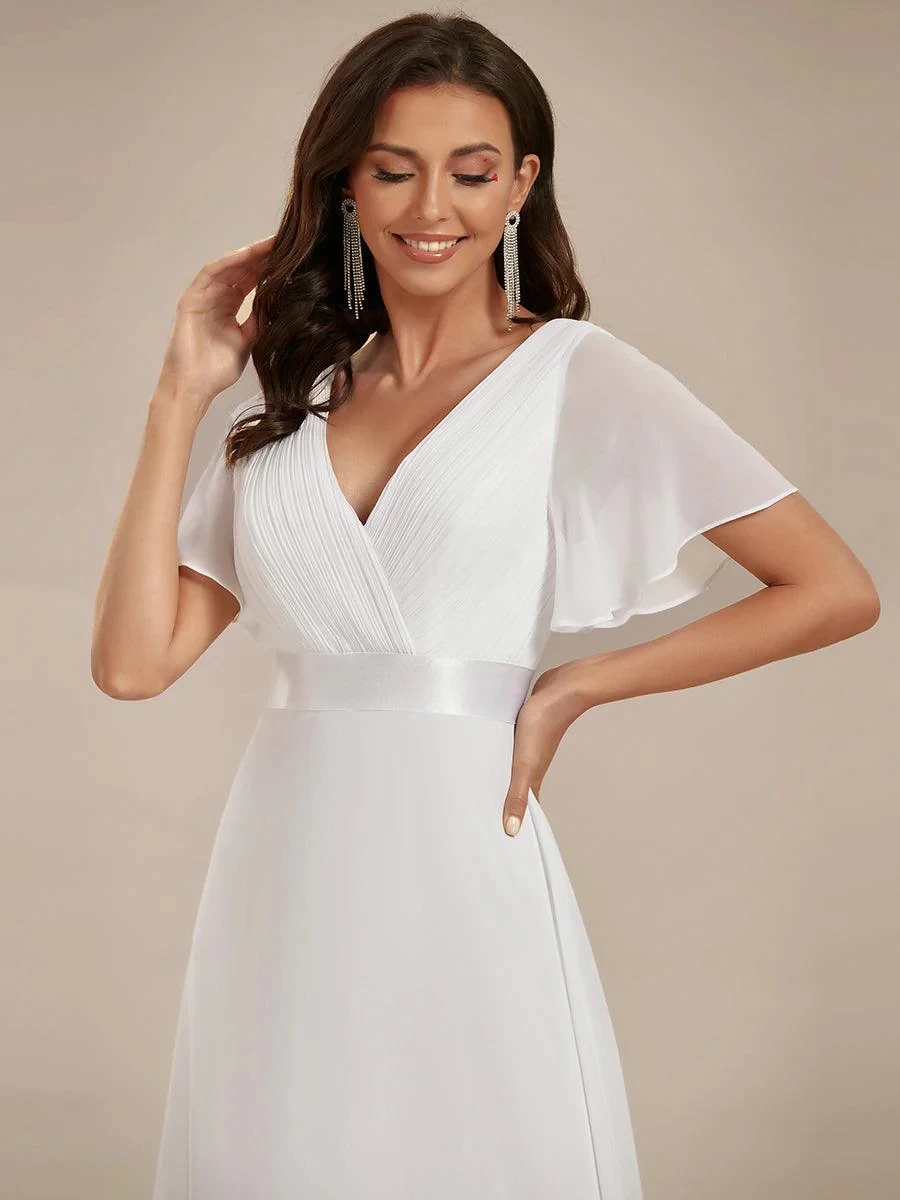 Women Simple Evening Dress Tulle Ruffles Short Sleeve V-Neck Backless Empire Sashes Prom Dress A-Line Maxi Wedding Bridal Gowns image 5