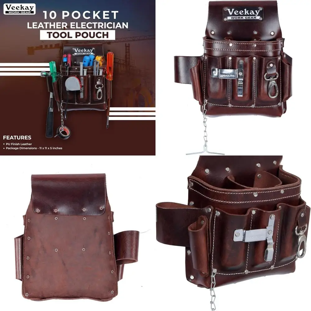 

Veekay Heavy-Duty Leather Tool Bag - 10-Pocket Organizer for Electricians, Carpenters & Construction Professionals - Durable Ful