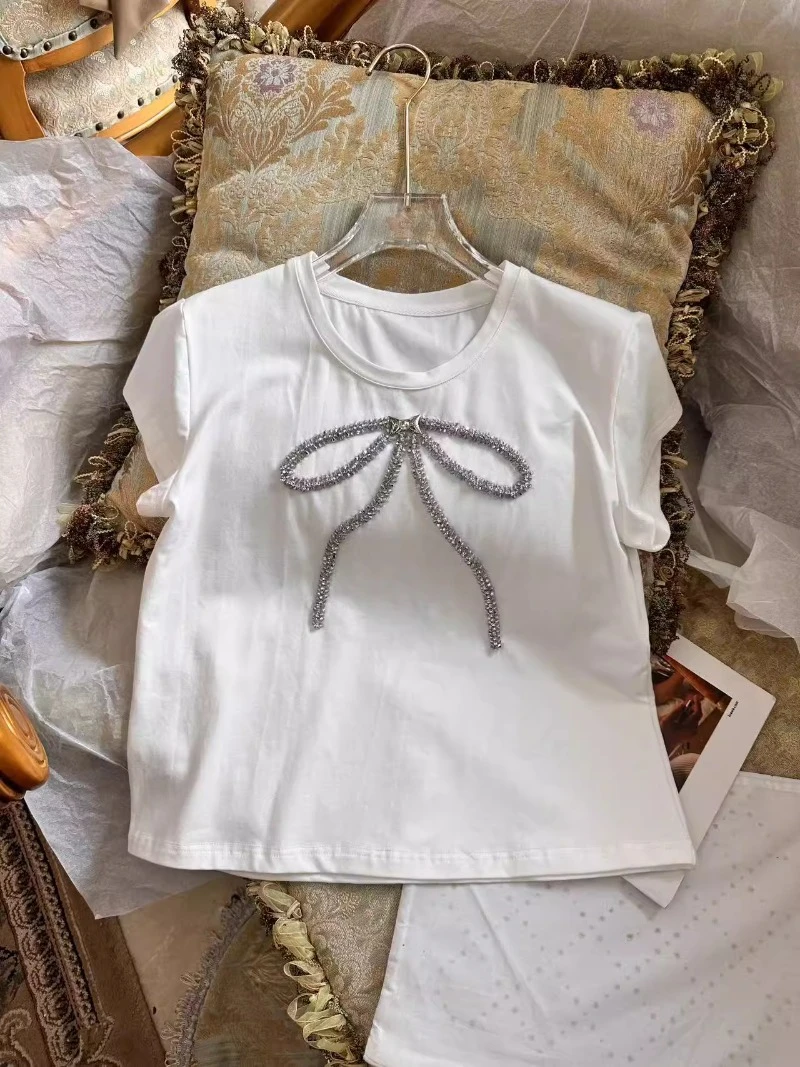 2024 Summer New Machine Embroidery Bow Shirt Socialite Style Girly And Fashion Short In White Color Tees Beaded T-shirt Pullover