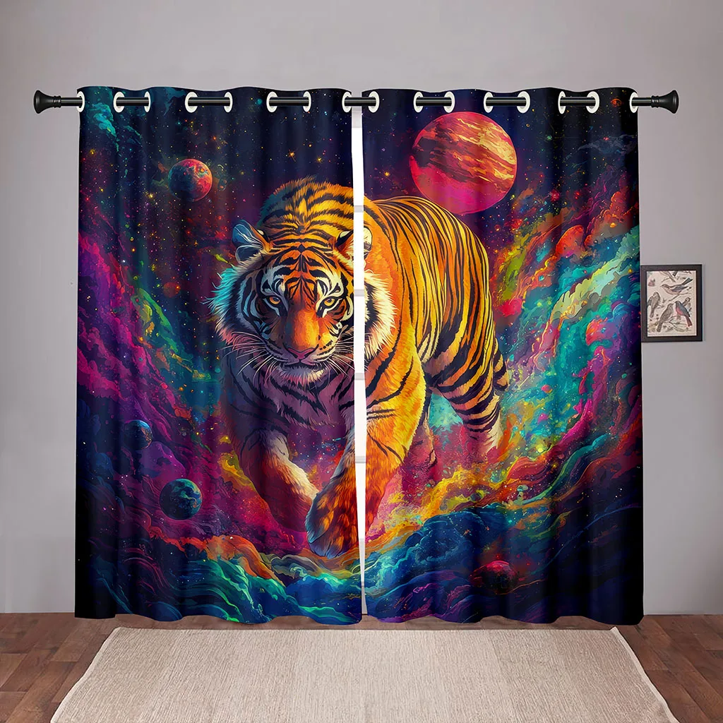 

2 Pcs Dream Universe Tiger Curtain Starry Sky Background Colorful Animals Living Room Bedroom Kids Room Decorative Curtains