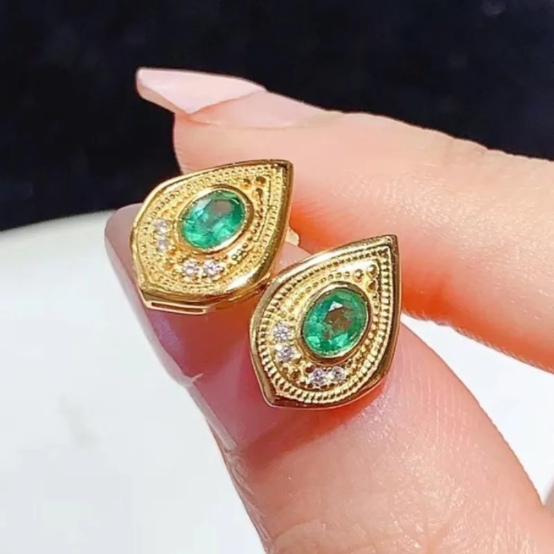 

Natural emerald stud earrings 925 silver jewelry with 18K gold plating 3mm*4mm Colombia emerald jewelry