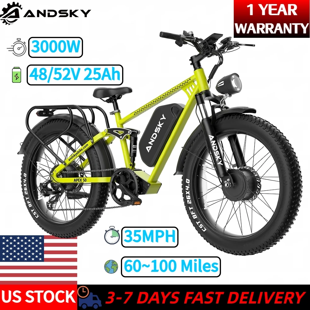 ANDSKY Apex 50 Electric Bicycle 3000W Dual-motor Power 48V/52V 25Ah Electric Bike 35MPH Top Speed 26