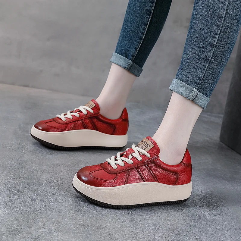 

Top Layer Cow Leather Thick Sole Lace Up Single Shoe Low Top Casual Sports Board Shoes Women's Genuine Leather Red Bread Shoes
