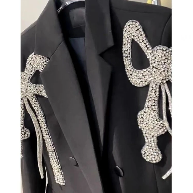 Women Bow Diamonds Beaded Black Blazer Coat Turn Down Collar Drilling Suits Jacket OL Crsytal Cardigan Crop Tops Chaqueta