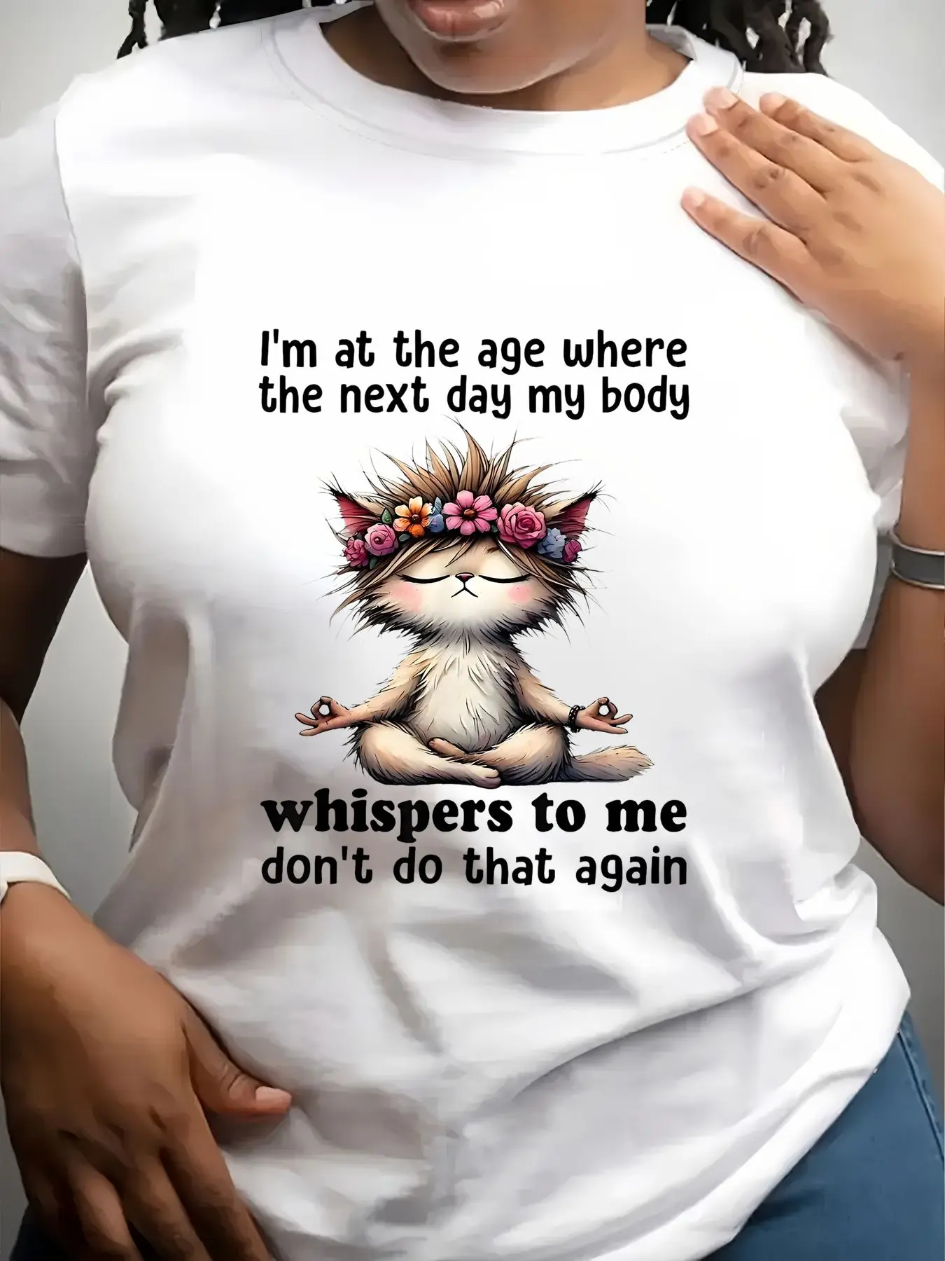 Women's Trendy Crew Neck T-Shirt Meditating Cat with Flower Crown Suitable for Casual Sportswear
