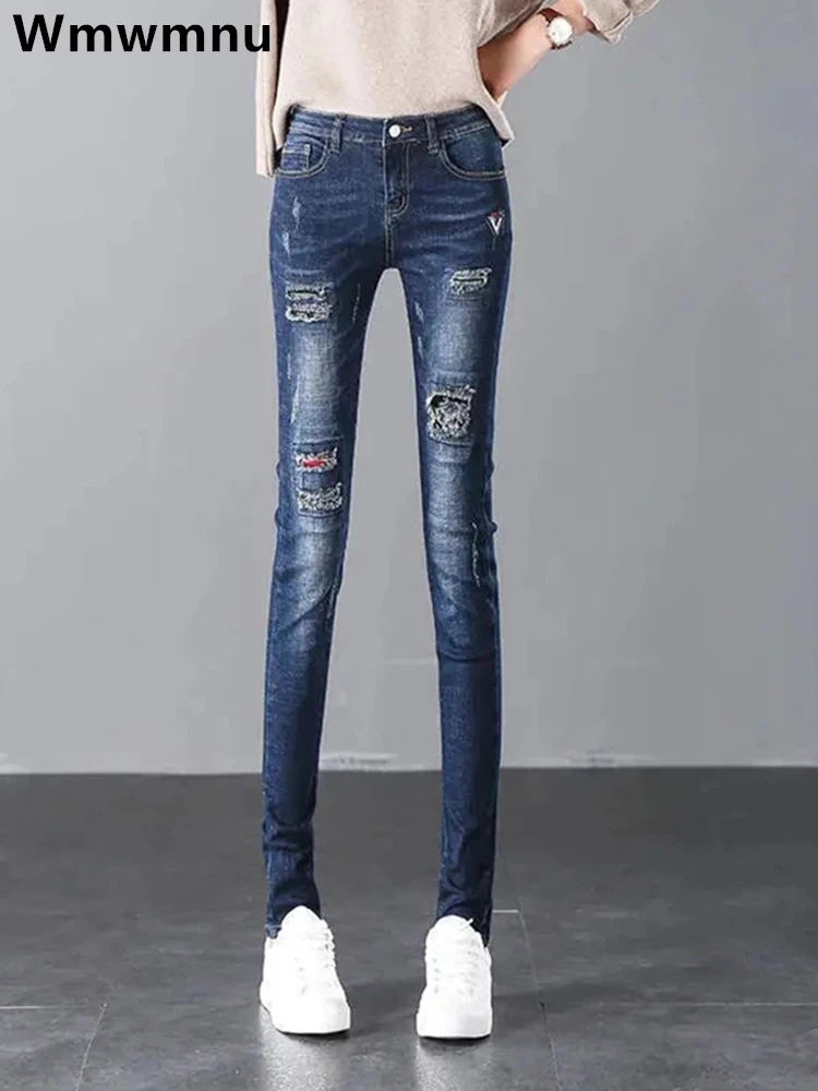 Design Ripped Hole Pencil Jeans Women Streetweear Skinny Mid Waist Denim Pant New Casual Vintage Stretch Vaqueros Korean Jeansy