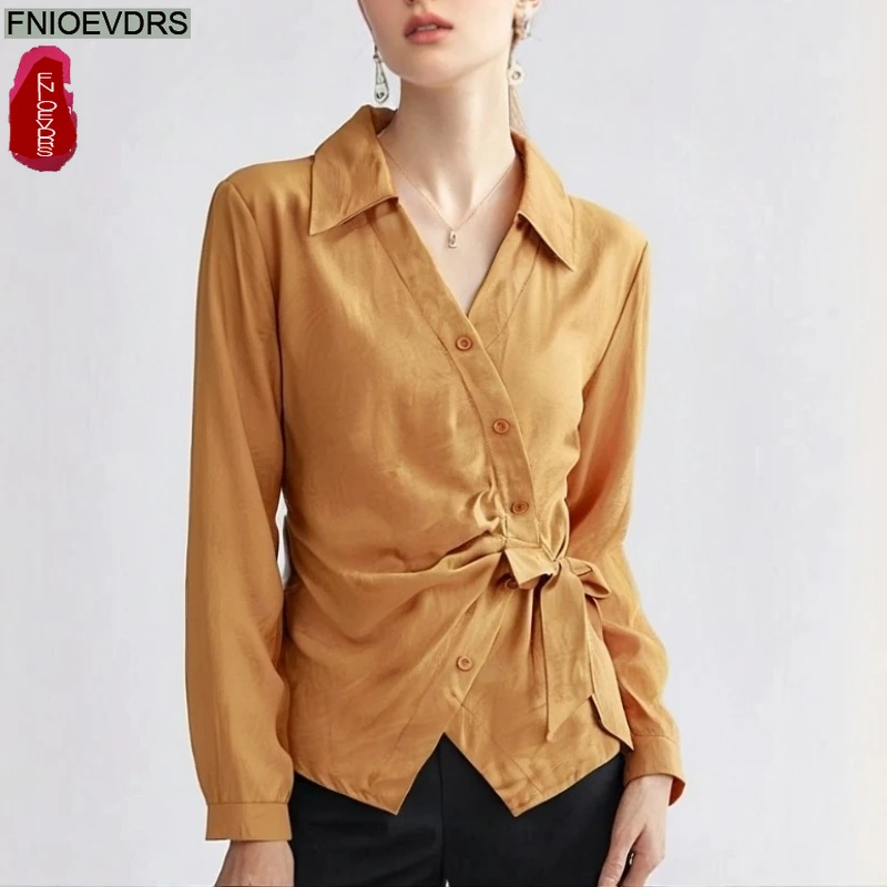 Lace-Up Bow Tie Tops Blouses New Fashion Woman Autumn Long Sleevee Elegant Office Lady Retro Vintage Solid Button Shirts