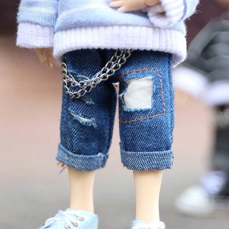 Distressed Ripped Denim Doll Pants With Detachable Metal Waist Chain Cuffed Hem Jeans 10cm Cotton Doll OB11 1/12 BJD Accessories