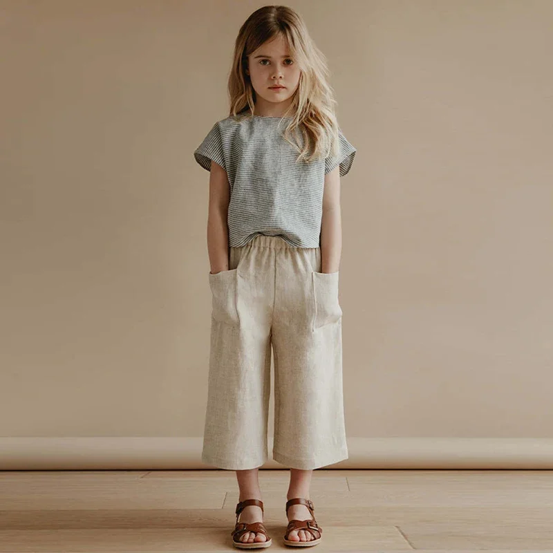 

Retro Girls Cotton And Linen Ankle-Length Pants Spring Autumn New Casual Elastic Waist Straight Linen Pant With Pockets TZ157