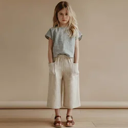 Retro Girls Cotton And Linen Ankle-Length Pants Spring Autumn New Casual Elastic Waist Straight Linen Pant With Pockets TZ157