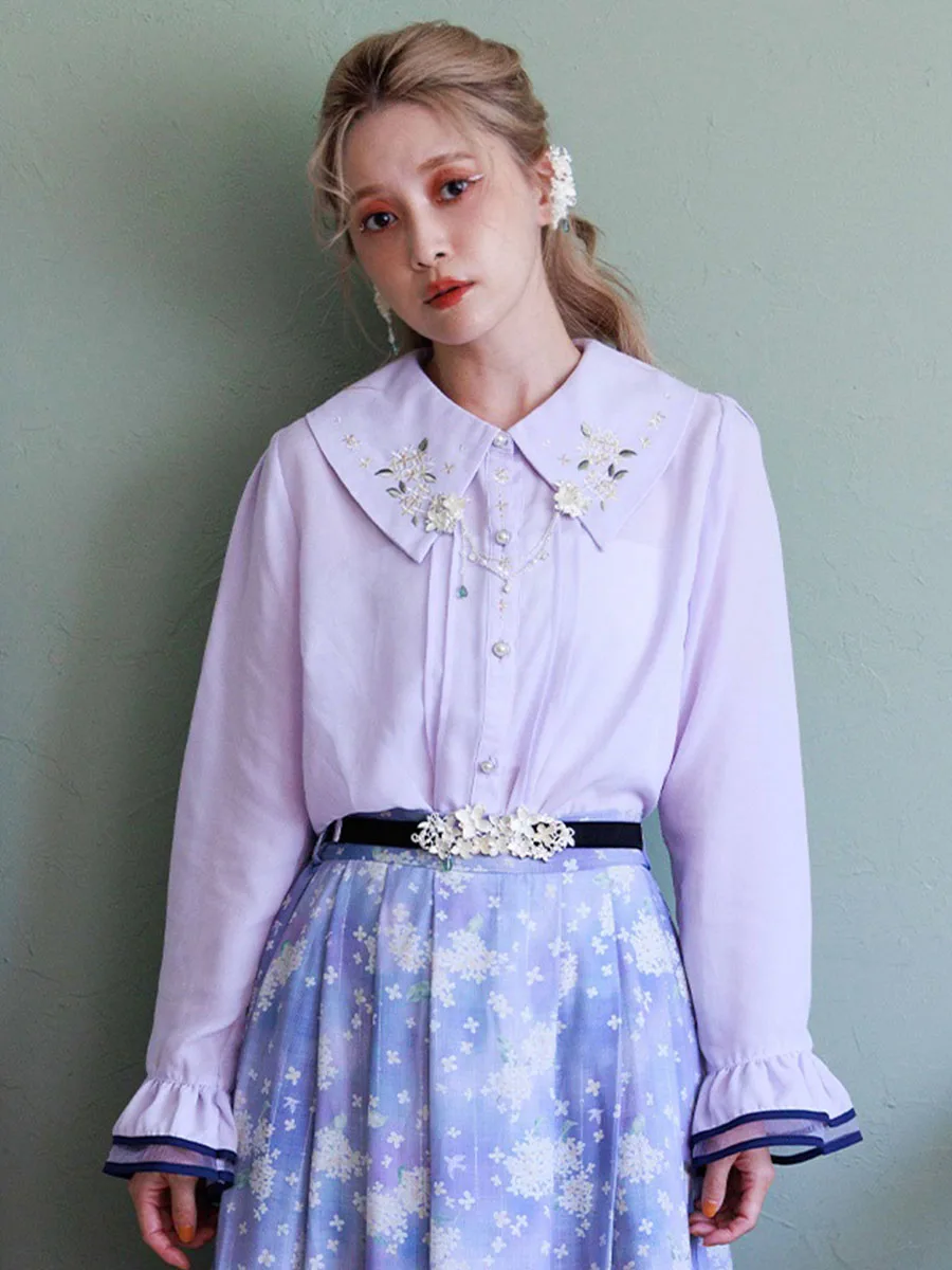 

Ele Golden Osmanthus Embroidery irt Stand Collar Pleated Sve Women's irt Floral Pattern Button Closure Straight Cut