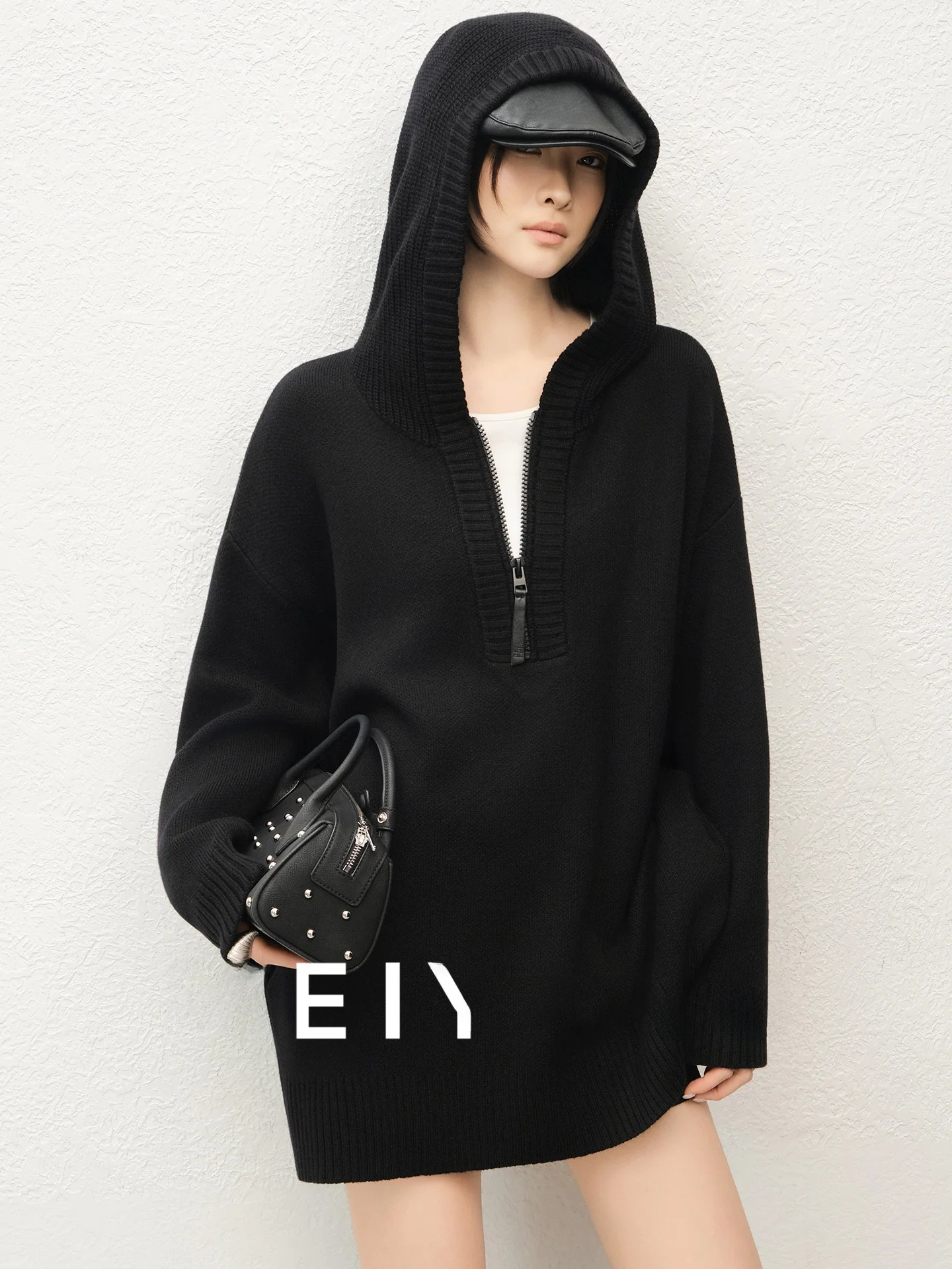 

Lazy Knitted Sweater Mixed Wool Casual Hooded f Zipper MEIYANG Spring 2026 Women's Loose Fit Knitwear Long Sve