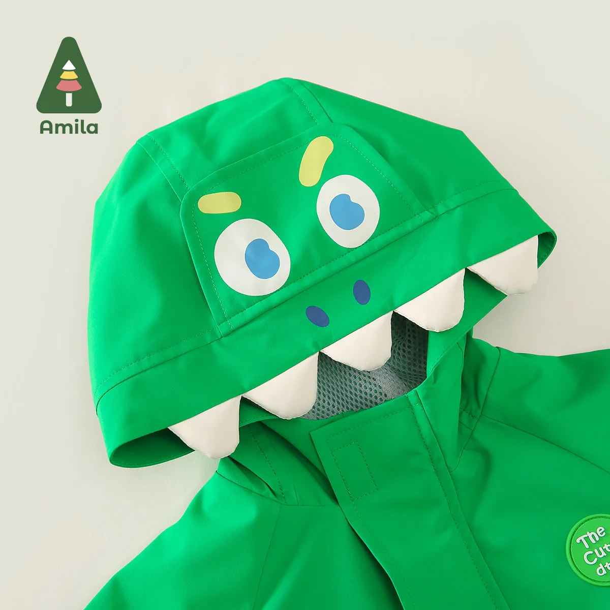 Amila Baby Boys‘ Jacket 2024 Spring New Solid Color Waterproof Breathable Cute Little Dinosaur Hooded Coat