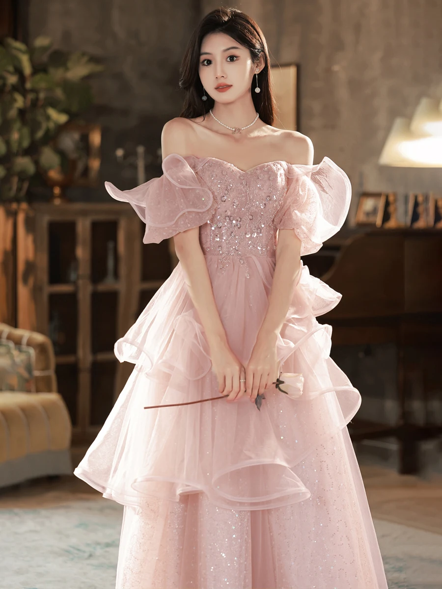 

Evening Dress Female Light Luxury Minority Host Art Exam Super Fairy Pink Engagement