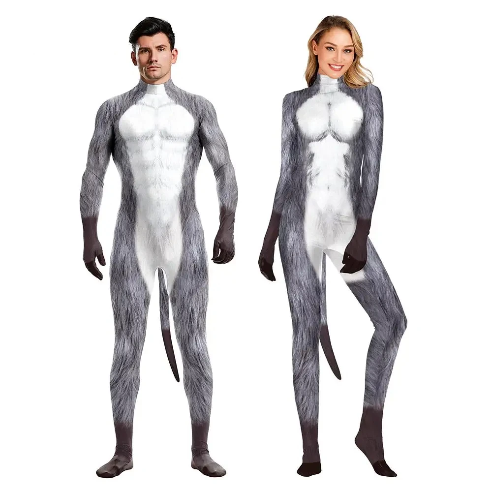 Halloween Fancy Animal Wolf Costumes Men And Women Bodysuits Couples Pet Funny Prints All-inclusive Jumpsuit With Tail Cosplay