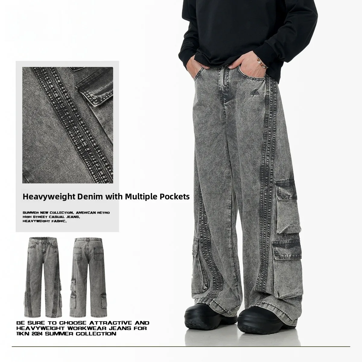 

Retro American ey Multi-ket Design Loose Straight Leg Jeans Trendy Brand Long Pants Worn-look Cotton Autumn Men's Jeans