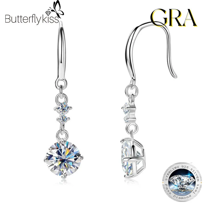

Женские серьги-капли Butterflykiss из серебра 925 пробы с муассанитом, 6,5 мм, 1 карат, цвет D, серьги с бриллиантами Moissanita, свадебные украшения, подарок