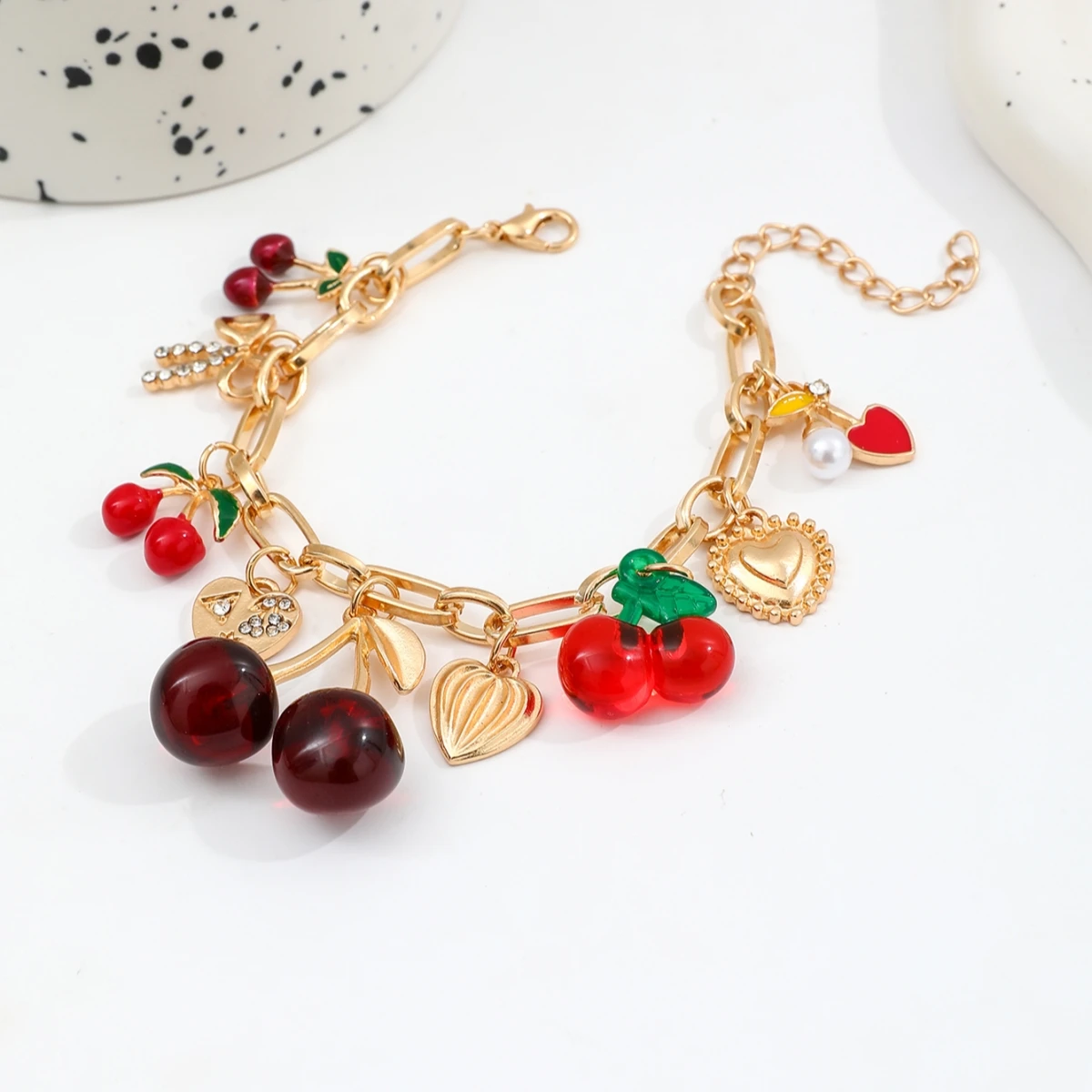 1pc Handmade Cherry Bow Heart Charm Bracelet, Golden Color Chunky Chain, Fashionable Cherry Bracelet Jewelry, Spring/Summer