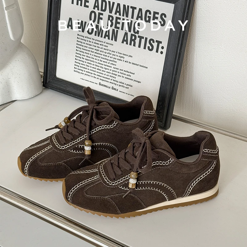

BEAUTODAY Casual Trainers Women Cow Suede Leather String Bead Lace-up Vintage Sneaker Ladies Shoes Handmade 29966
