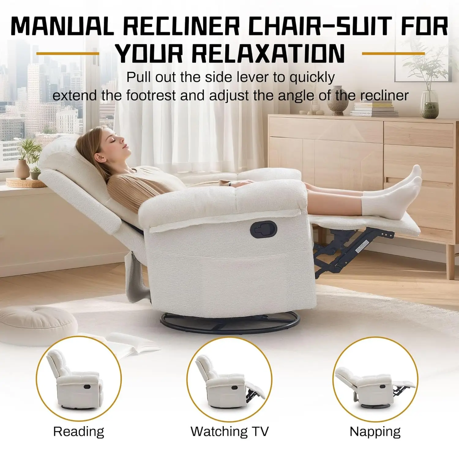 Chenille Manual Swivel Rocker Recliner Chair with Side Pockets for Nursery Small Living Room Furniture