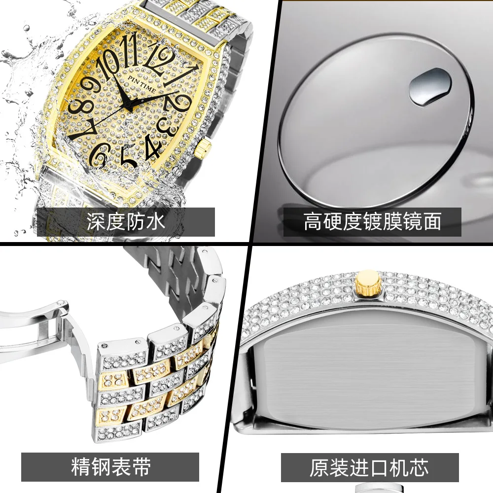 Fashionable and trendy diamond studded wine barrel style waterproof quartz wristwatch for both men and women